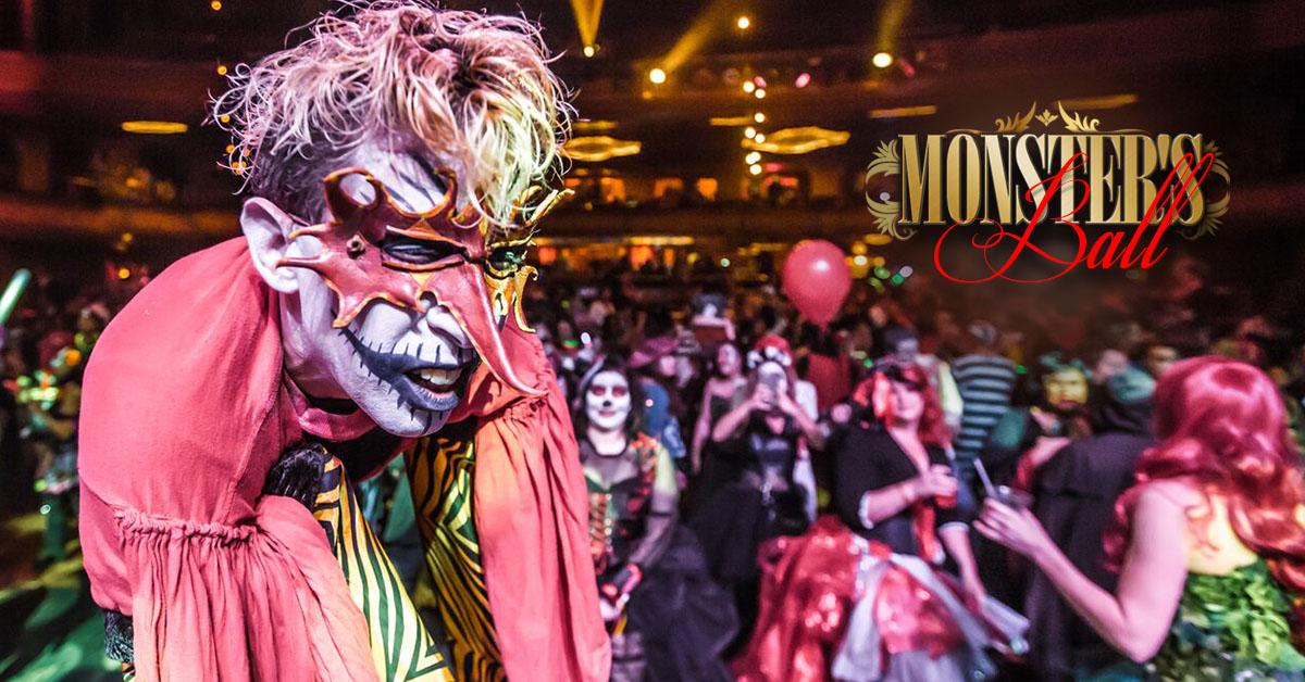 Image contains a picture of a masked clown advertising the monster ball in Detroit, Michigan; an annual Halloween event