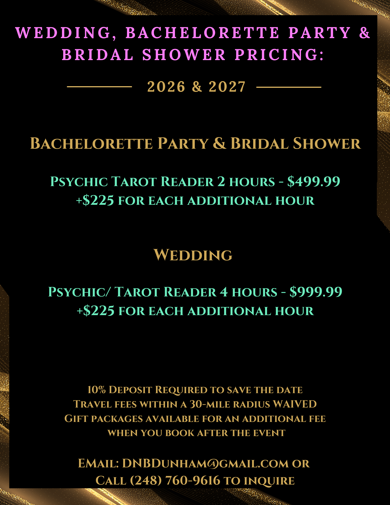 Wedding, bachelorette party, and bridal shower pricing